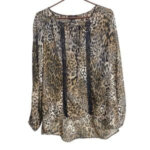 AGB Leopard Print Blouse Women's L Sheer Lace Accents Business Casual Pullover